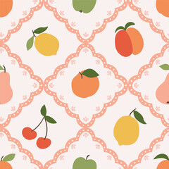 Obraz premium Vector fruit seamless pattern. Illustrated fruit on geometric background. Food repeat design for tablecloth, picnic blanket or tea towel