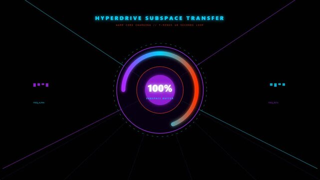 Futuristic Hyperdrive Subspace Transfer Visualization with Telemetry Metrics Displaying 30% Progress in a Sci-Fi Design