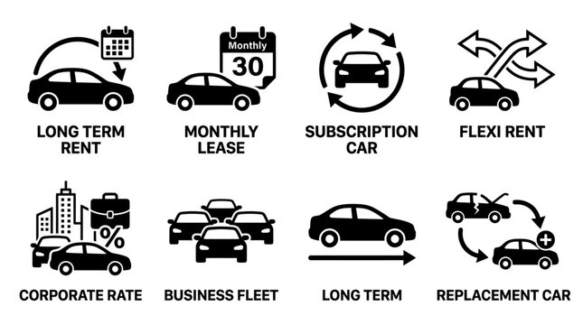Long term car rental and business fleet subscription service icons showing monthly lease corporate rate replacement and flexi rent options with subscription business corporate replacement contract