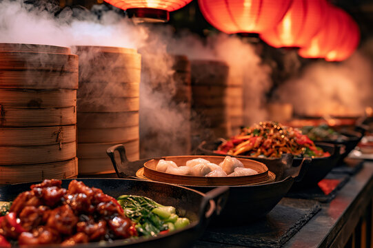 Asian buffet line featuring stacked bamboo steamers and wok dishes