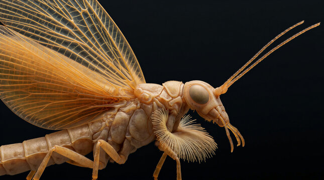 Macro insect photography showing a geometric stonefly with crystalline gills and fiber optic wings mid emergence