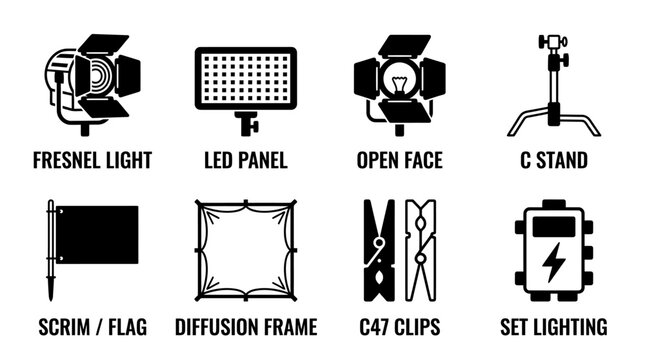 Set of black and white icons representing film and television lighting equipment including fresnel light led panel open face c stand scrim flag diffusion frame c47 clips and set lighting with lighting