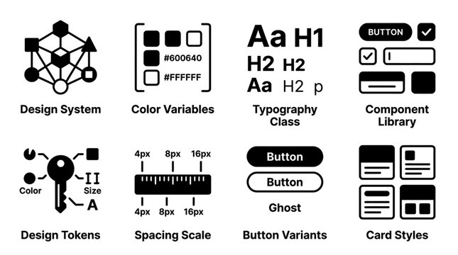 Set of design system icons featuring color variables typography classes component library spacing scale and buttons variable typography component development interface software standard