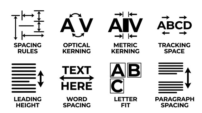 Typography spacing and layout rules diagram explaining optical kerning metric kerning tracking space leading height word spacing letter fit paragraph spacing with tracking paragraph typography
