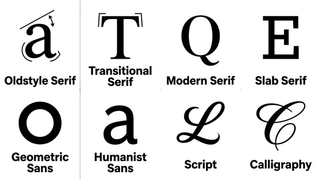 Classification of typeface styles showing oldstyle serif transitional serif modern serif slab serif geometric sans humanist sans script calligraphy with typeface oldstyle transitional geometric