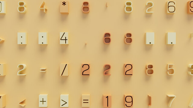 Three-Dimensional Geometric Objects Resembling Calculator Elements on a Bright Yellow Background for Digital Technology, UX Design, and Educational Resources