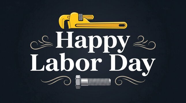 Happy labor day greeting sign with a yellow pipe wrench and a silver metal bolt on black background