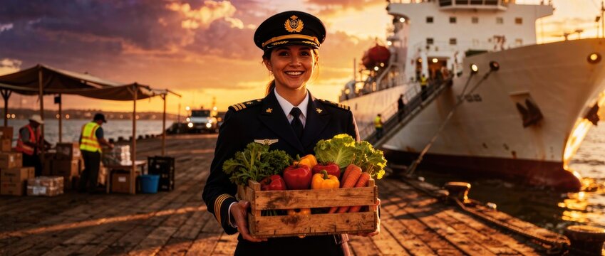 Female captain holding fresh vegetables at a harbor. Officer in uniform smiling in front of a ship at sunset. Maritime logistics and food supply concept, ideal for transportation marketing.
