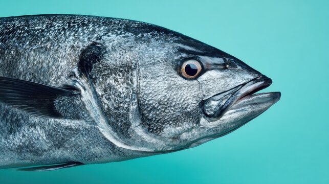 Detailed Close-Up of a Fish Head Against a Vibrant Aquatic Background in a Studio Setting
