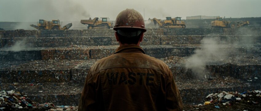 Sanitation worker in hard hat overlooking a massive landfill site. Heavy machinery managing mounds of urban refuse. Waste management and environmental crisis concept for industrial reports.