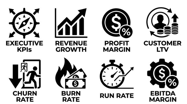 Set of black and white executive kp is revenue growth profit margin customer ltv churn rate burn rate run rate ebitda margin icons with executive customer business performance indicator analytics