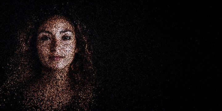 Digital ID Portrait of Latin American Woman with Face made up of Numbers and Symbols. Cryptographic keys Concept with copy-space.