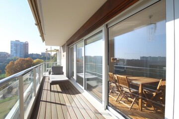 Naklejka premium Spacious balcony with wooden decking, featuring comfortable furniture and offering panoramic city views, ideal for relaxation and outdoor dining