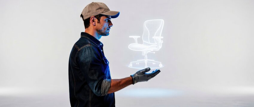 Man visualizing glowing 3D wireframe hologram of an office chair. Designer presenting digital furniture prototype in a studio. Futuristic product design and AR concept for tech marketing.