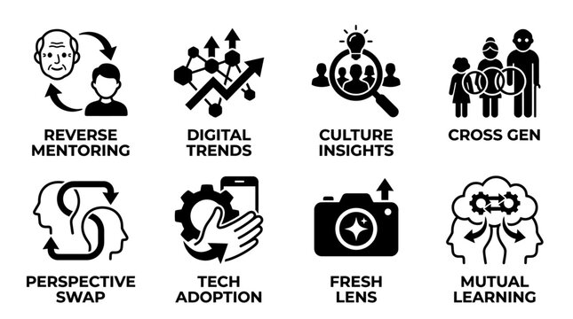 Set of eight black business icons illustrating reverse mentoring digital trends culture insights learning with business mentoring insights perspective adoption learning magnifying generation