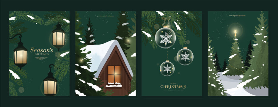 Christmas and Happy New Year season with winter house, pine tree and snowfall Card set. Template design for invitation, cards, social post, cover, sale banner, ads.