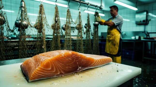 Fresh salmon fillet on a cutting board in a seafood processing plant. A worker prepares gear in a commercial fish factory. Quality food production theme, ideal for seafood marketing and supply.