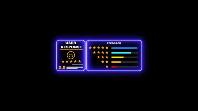 Neon user feedback rating interface with five star review analytics and customer satisfaction metrics