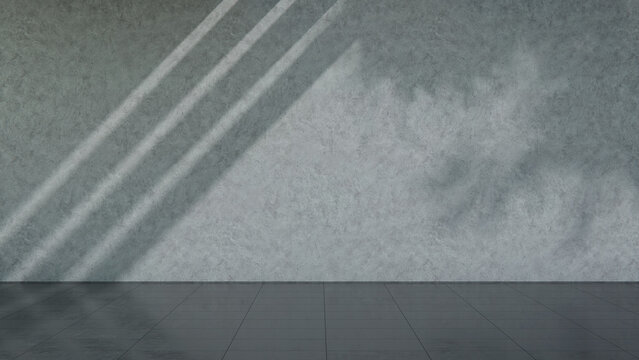 Clean Concrete Wall Scene with Sunlight and Leaf Shadows. Construction Concept with copy-space.