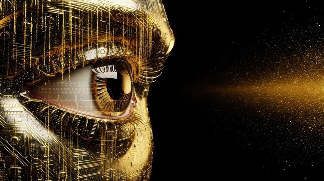 Golden robotic eye with complex circuit skin and digital data patterns. Futuristic cyborg vision features binary code overlays and golden particles. AI and advanced tech concept for marketing.