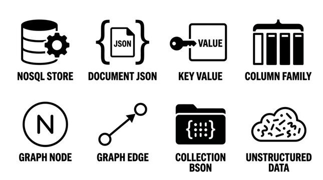 Set of database and data structure vector icons representing no sql json documents key-value stores column families graph nodes graph edges collection bson unstructured data with database
