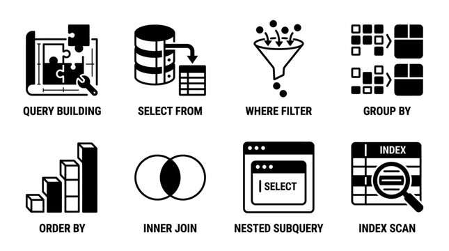 Set of database query and operation vector icons representing query building select filter group by order by inner join nested subquery index scan with database operation building subquery