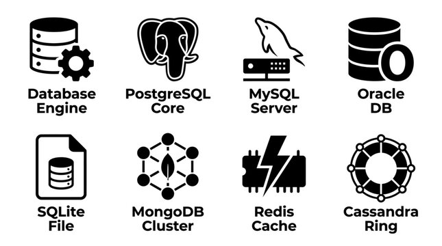 Set of database engine and software system vector icons representing postgre sql my sql oracle sq lite mongo db redis cassandra with database software postgresql cassandra technology programming