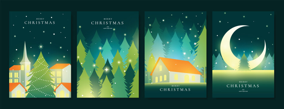 Christmas and Happy New Year season with winter house, pine tree and snowfall Card set. Template design for invitation, cards, social post, cover, sale banner, ads.