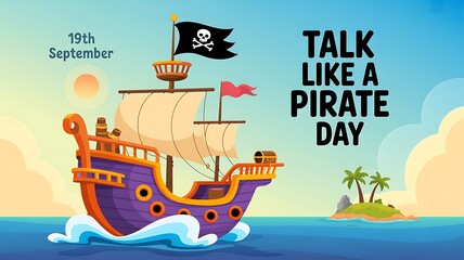 Fototapeta premium Cartoon pirate ship sailing on talk like a pirate day