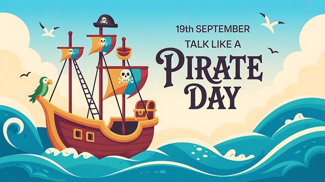 Talk like a pirate day ship sailing on blue ocean waves