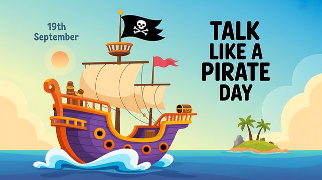 Cartoon pirate ship sailing on talk like a pirate day