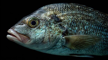 Fototapeta premium Close-Up of a Beautiful Freshwater Fish with Intricate Scale Patterns and Vibrant Coloration on a Black Background