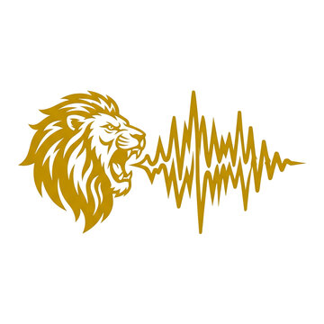 Golden lion head roaring with sound wave, majestic predator profile, gold lion mascot logo for audio and music branding
