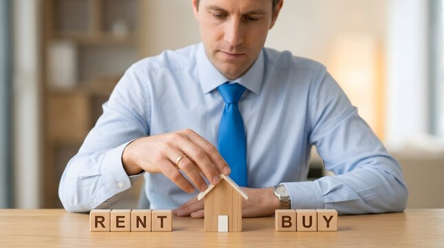 Businessman sitting at wooden desk placing wooden blocks with rent and buy options next to a model