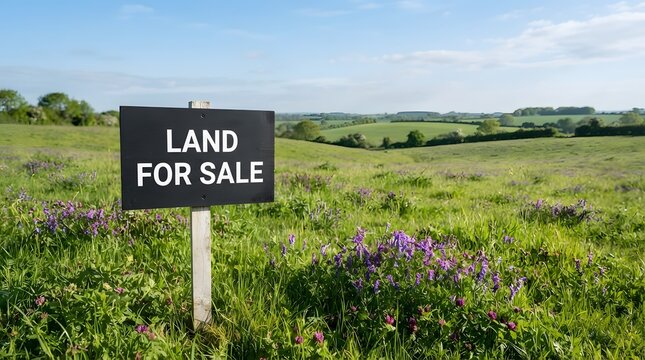Black land for sale sign positioned in a lush green field with blooming wildflowers