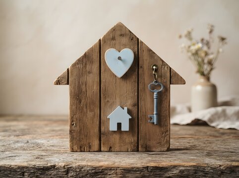 Charming wooden house model with a heart shape and hanging key on a rustic surface