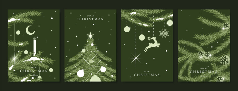 Christmas and Happy New Year season with winter house, pine tree and snowfall Card set. Template design for invitation, cards, social post, cover, sale banner, ads.