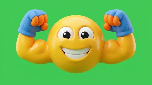 Strong 3d emoji characters with muscular arms flexing on green screen