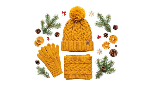 Yellow knitted winter accessories set, mustard wool hat with gloves and scarf, cozy seasonal apparel with pine branches and cones isolated PNG with Transparent Background