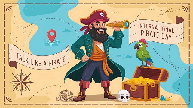 Happy pirate captain with parrot and treasure map