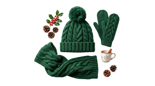 Green knitted winter set with beanie hat, scarf and mittens. Cozy wool accessories with pine cones and holly berries. Festive holiday apparel flat lay. isolated PNG with Transparent Background
