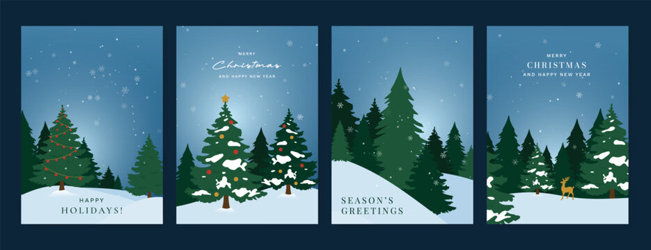 Christmas and Happy New Year season with winter house, pine tree and snowfall Card set. Template design for invitation, cards, social post, cover, sale banner, ads.