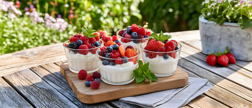 Creative food template. Dessert of fruits berry berries on yoghurt cream in glass jars, bright sunny sunlight rustic wooden table in garden. copy text space. Long banner