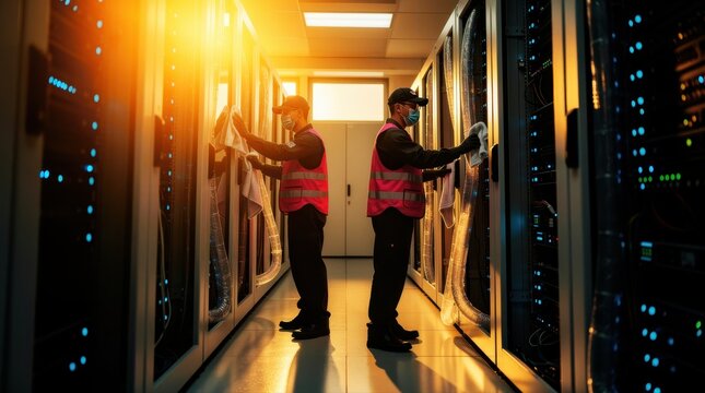 Technicians cleaning server racks in a modern data center. Staff in safety gear performing maintenance on network hardware. IT infrastructure service concept for tech and security marketing.