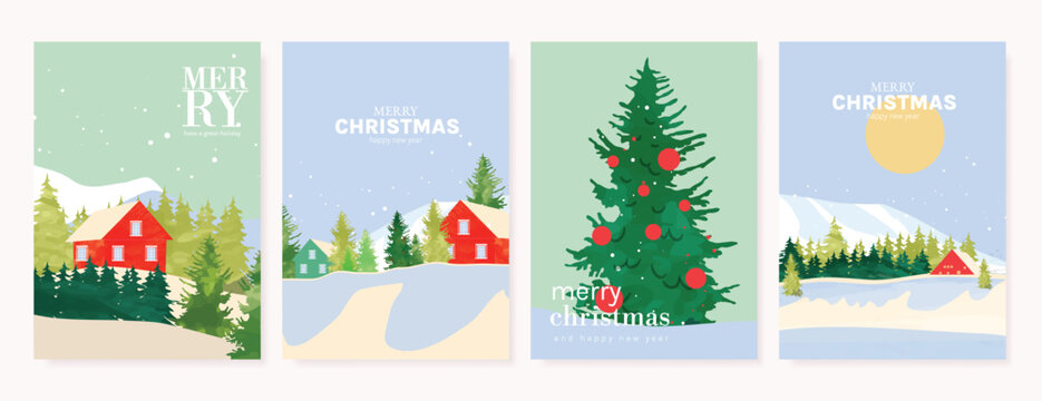 Christmas and Happy New Year season with winter house, pine tree and snowfall Card set. Template design for invitation, cards, social post, cover, sale banner, ads.