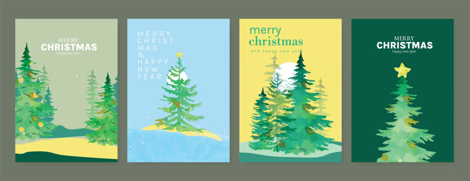 Christmas and Happy New Year season with winter house, pine tree and snowfall Card set. Template design for invitation, cards, social post, cover, sale banner, ads.