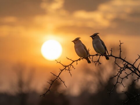 Two bohemian waxwings perching on a thorny tree branch