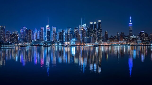 Dramatic cityscape skyline reflecting brilliantly on dark water, capturing urban light, illustrating a vibrant nocturnal metropolis