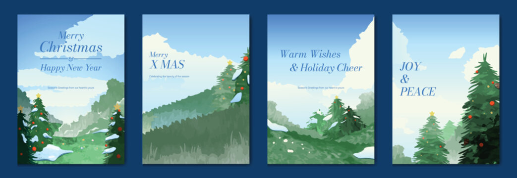 Christmas and Happy New Year season with winter house, pine tree and snowfall Card set. Template design for invitation, cards, social post, cover, sale banner, ads.