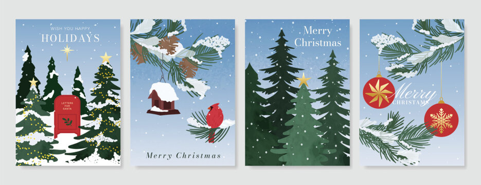 Christmas and Happy New Year season with winter house, pine tree and snowfall Card set. Template design for invitation, cards, social post, cover, sale banner, ads.